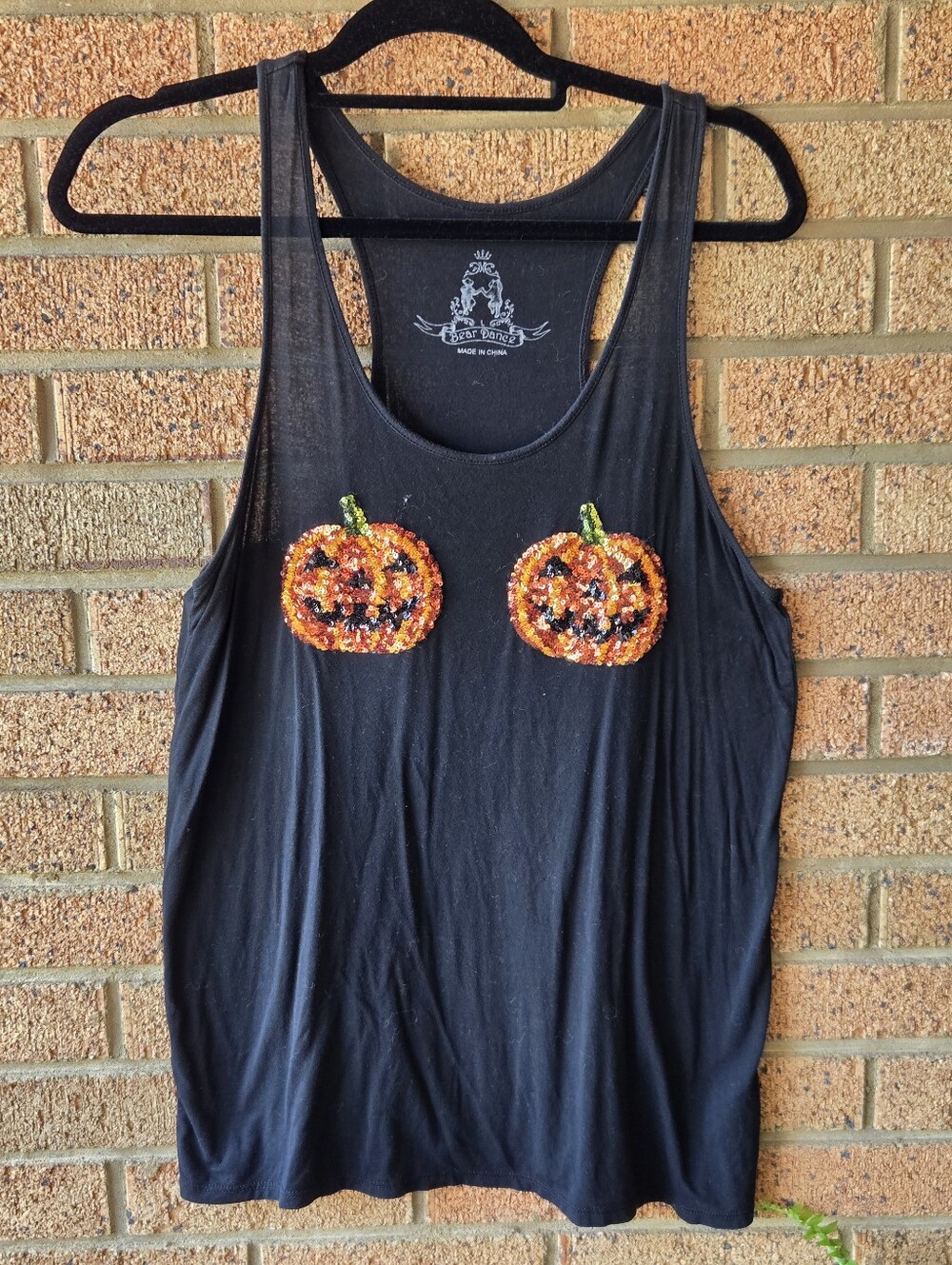 Bear Dance Halloween Sequin Pumpkin Racerback Tank Top Black L